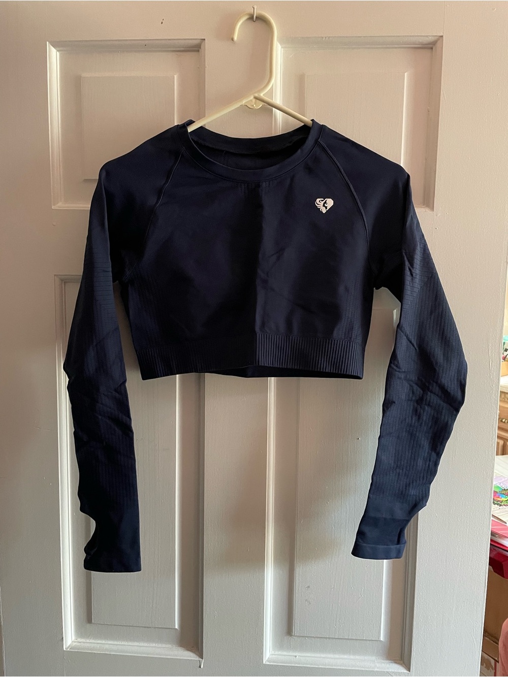 Navy Cropped Long Sleeve Top with Heart Logo